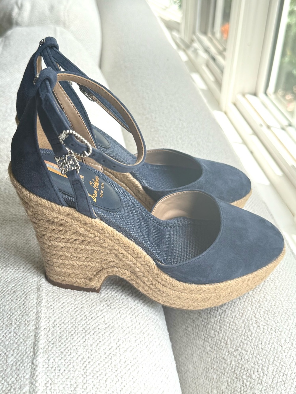 Sam Edelman Navy Suede Espadrille Wedge Ankle-Tie Pumps